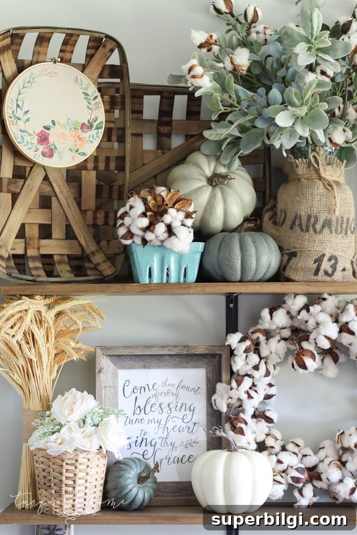 Neutral Fall Entryway and Kitchen Decor Ideas 10 LOVE that embroidery hoop art! Adorable Fall farmhouse shelves in the kitchen ...