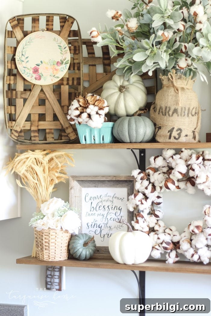 Neutral Fall Entryway and Kitchen Decor Ideas 3 LOVE that embroidery hoop art! Adorable Fall farmhouse shelves in the kitchen ...