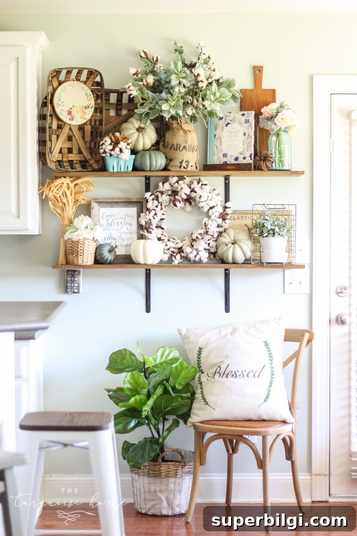 Neutral Fall Entryway and Kitchen Decor Ideas 5 Gorgeous fall farmhouse kitchen shelves with blue, green and blush decor!