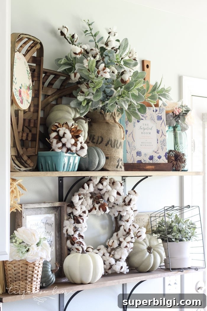 Neutral Fall Entryway and Kitchen Decor Ideas 8 Love this!! Neutral farmhouse fall kitchen shelves ...
