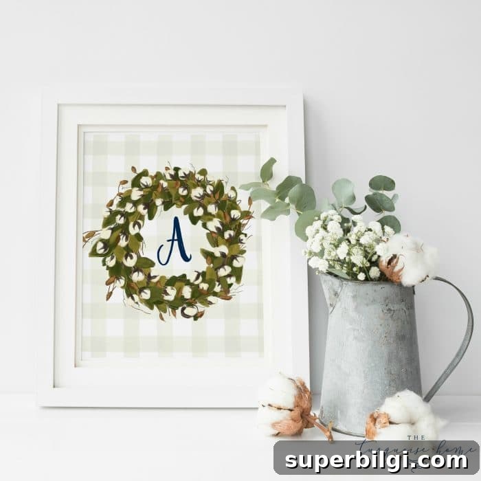 Free Printable Cotton Wreath with Personalized Monogram 2 Is this not just the cutest thing you've ever seen?! These monogramed cotton stem free printables will look so cute in a farmhouse-styled home. Grab them in any monogram!