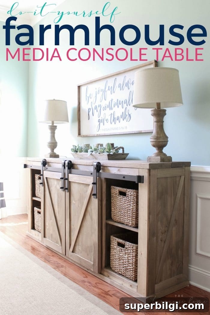 DIY Farmhouse Media Console Table Plans and Tutorial 2 DIY Farmhouse Media Console Table - all the plans to make it yourself!