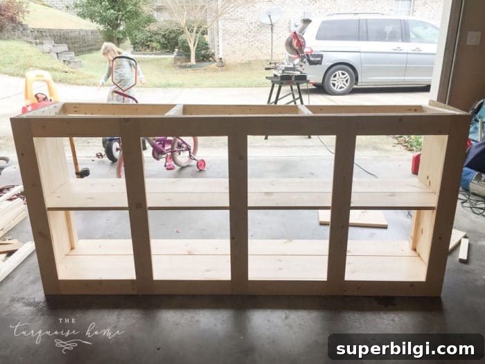 DIY Farmhouse Media Console Table Plans and Tutorial 9 Add the top shelf