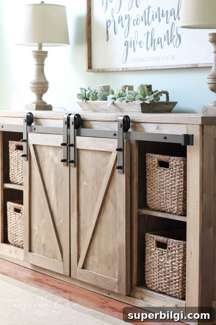 DIY Farmhouse Media Console Table Plans and Tutorial 17 Finished DIY Farmhouse Media Console Table
