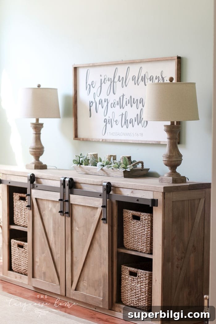 DIY Farmhouse Media Console Table Plans and Tutorial 4 DIY Farmhouse Media Console Table - all the plans to make it yourself!