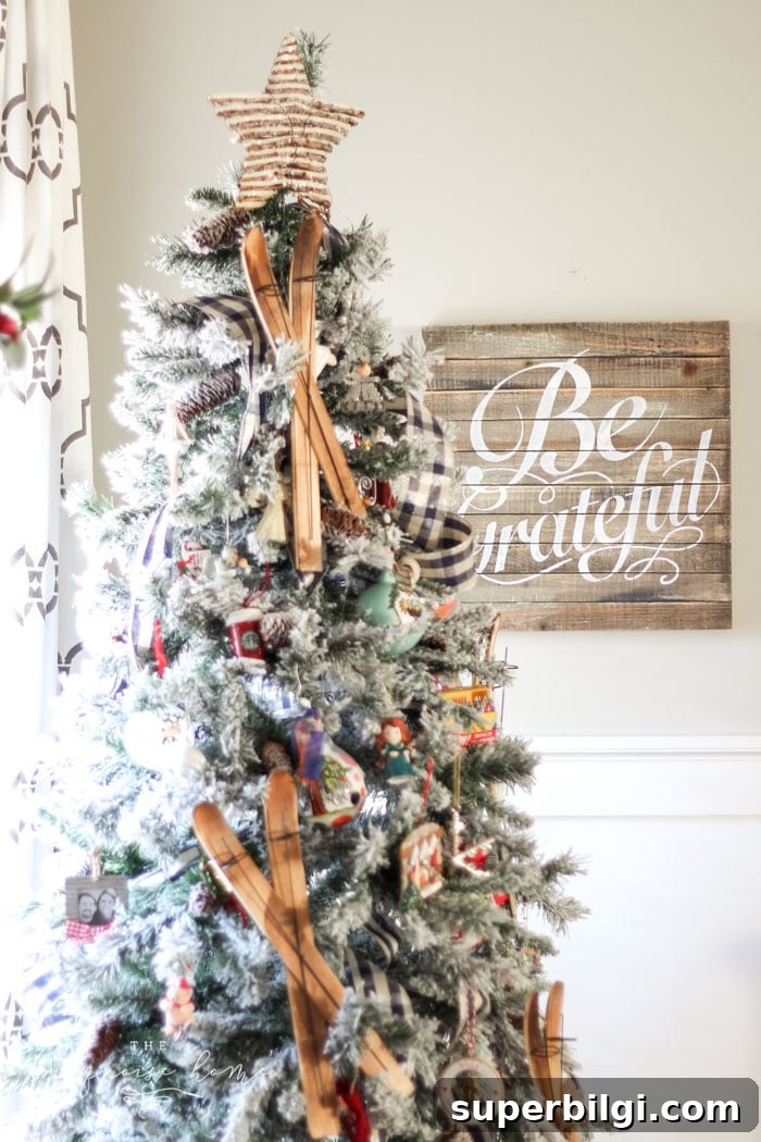 Farm-Fresh Christmas Tree Mantel Ideas 3 Fun and festive Christmas Tree with Be Grateful sign