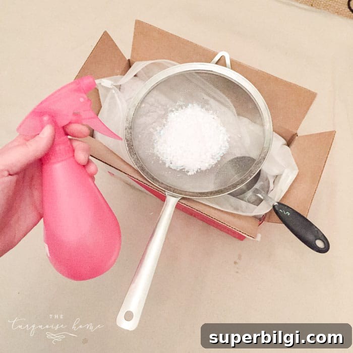 How to Flock a Christmas Tree: DIY Snowy Tree Tutorial 6 Supplies for flocking a tree: powder, strainer, spray bottle.