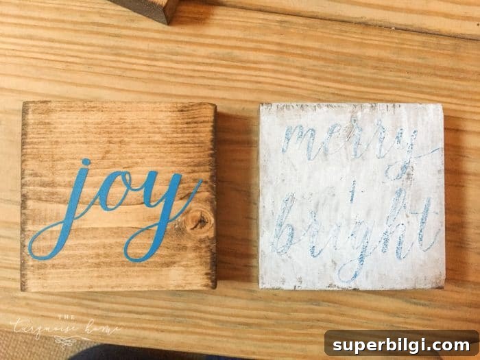 Mini Wooden Christmas Sign Ornaments for Tree Decor 7 Create a simple wooden sign with a cute saying and create a rustic, farmhouse Christmas look for cheap!