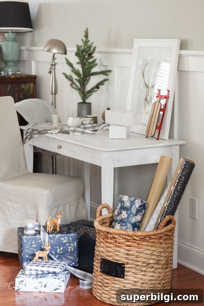 Neutral Christmas Entryway Ideas for a Warm Welcome 15 A sweet Christmas wrapping station ...