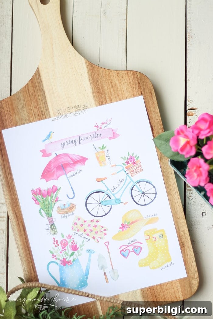 Download this Spring Favorites Free Printable with birds, blooms, and rainboots. And gather inspiration from a fresh, flowery spring vignette.