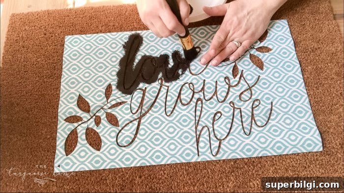 Customize a Charming DIY Doormat: Personalize Your Welcome Mat 7 Stencil your doormat with a stencil brush and outdoor acrylic paint! | DIY Customized Doormat