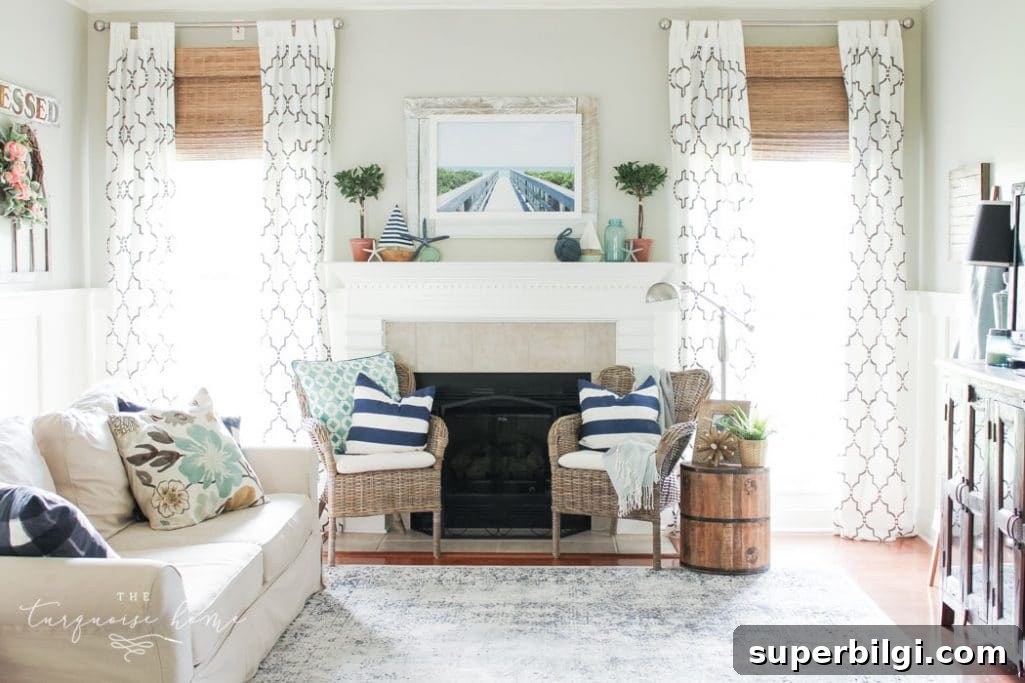 Coastal Summer Mantel Decor Ideas to Refresh Your Space 4 A coastal summer mantel decor ideas. Add a little nautical charm to your living space with these simple coastal summer mantel decor ideas. Featuring DIY beach canvas art, blue & white starfish, textured sailor's knot and cheerfully striped sail boats, this mantel looks great for the seasonally inspired.