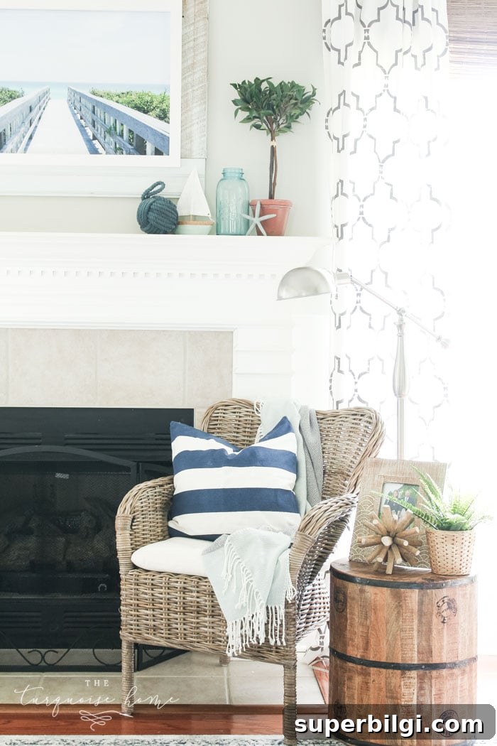 Coastal Summer Mantel Decor Ideas to Refresh Your Space 6 Add a little nautical charm to your living space with these simple coastal summer mantel decor ideas. Featuring DIY beach canvas art, blue & white starfish, textured sailor's knot and cheerfully striped sail boats, this mantel looks great for the seasonally inspired.