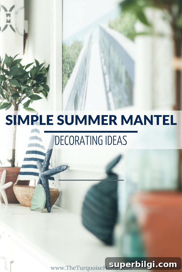 Coastal Summer Mantel Decor Ideas to Refresh Your Space 9 Simple Summer Mantel Decorating Ideas - Check them out here: https://theturquoisehome.com/coastal-summer-mantel-decor/ | Add a little nautical charm to your living space with these simple coastal summer mantel decor ideas. Featuring DIY beach canvas art, blue & white starfish, textured sailor's knot and cheerfully striped sail boats, this mantel looks great for the seasonally inspired.
