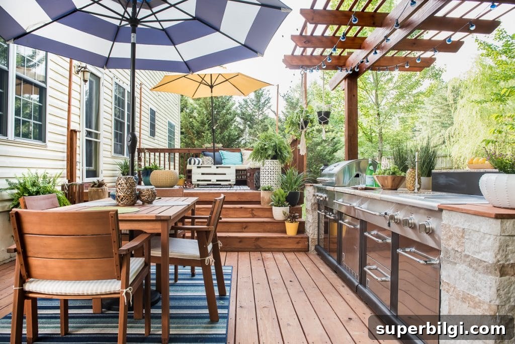 Stunning and Practical Outdoor Living Space Designs 10 Stunning outdoor kitchen makeover with umbrella and wooden table