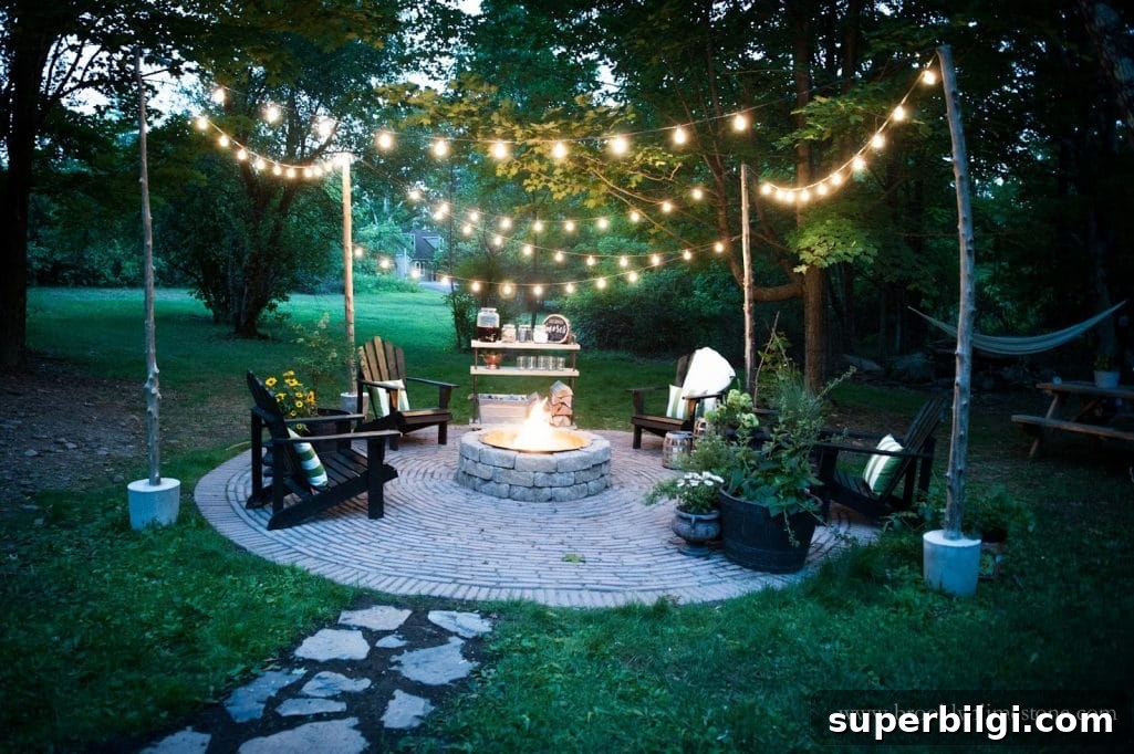 Stunning and Practical Outdoor Living Space Designs 3 Outdoor open concept fire pit with string lights