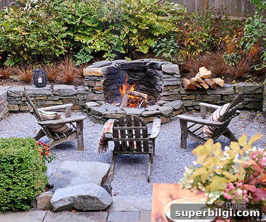Stunning and Practical Outdoor Living Space Designs 7 Rock fire pit with Adirondack chairs