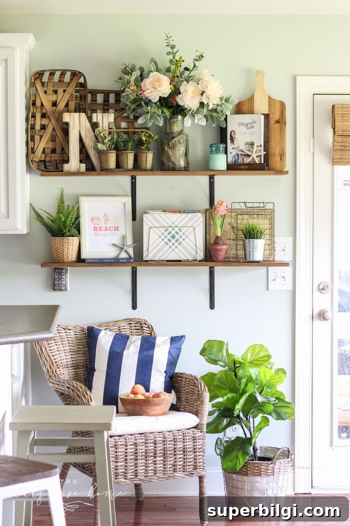 Coastal Summer Open Shelves in the Kitchen - so cute and summery! Love the free summer printables, too!
