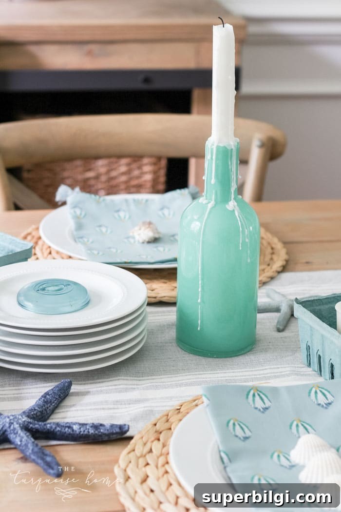 Coastal Dining Room and Entryway Decor Ideas 11 Coastal Decor in the Dining Room - use an old vase as a candlestick holder!
