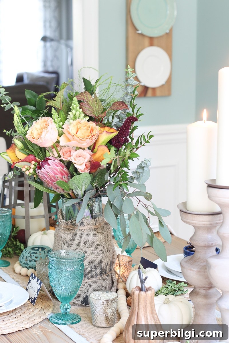 Autumn Watercolor Printables for Fall Home Decor 4 Farmgirl Flowers Fall Tablescape with pumpkins & turquoise goblets.