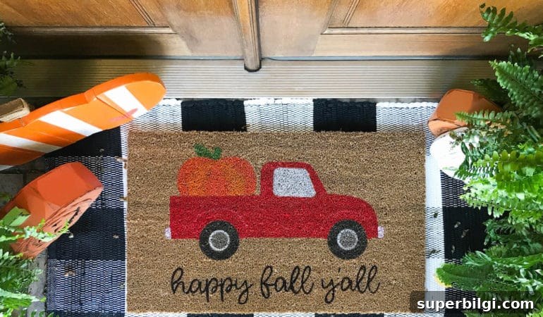 Fall Doormats You'll Love: Create a Layered Entryway 10 DIY Red Truck with Pumpkin Fall Doormat