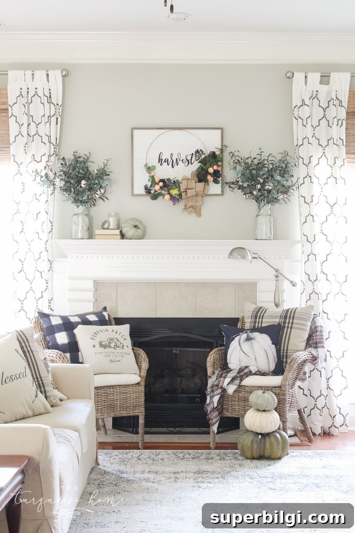 Cozy Fall Mantel Decor with Harvest Wreath 2 Beautiful, simple fall harvest mantel decor!