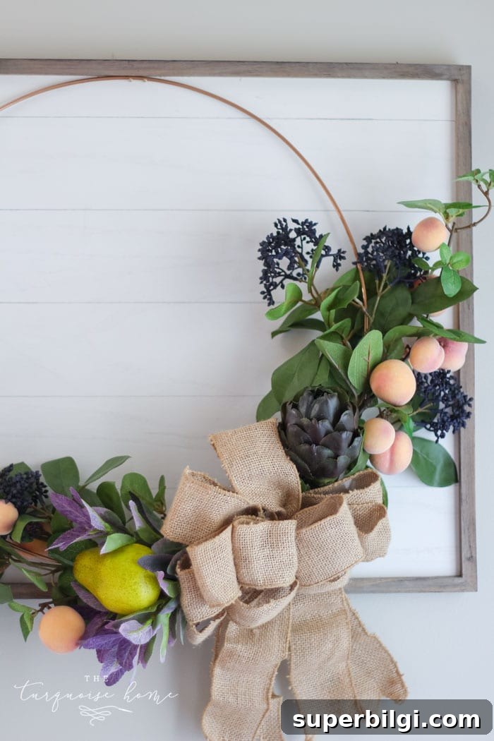 Autumn Hoop Wreath with Fruit Accents and Shiplap Frame 12 Hang the gorgeous fall fruit wreath on the framed "shiplap" board!