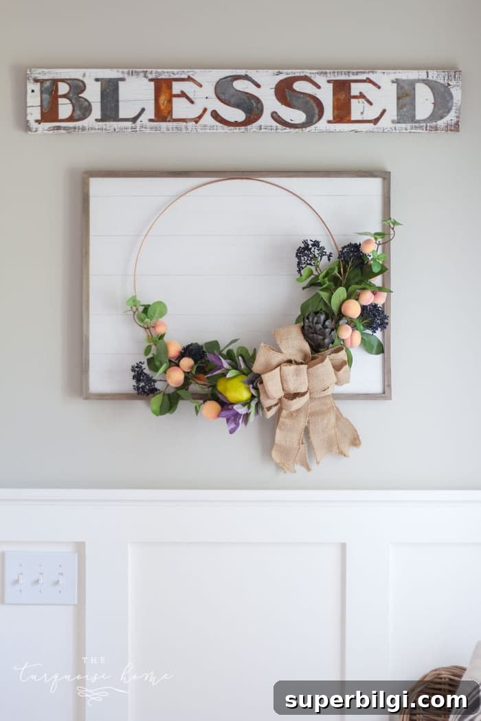 Autumn Hoop Wreath with Fruit Accents and Shiplap Frame 13 Gorgeous fall wreath with fruit on a
