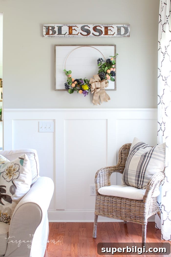 Autumn Hoop Wreath with Fruit Accents and Shiplap Frame 14 Gorgeous fall wreath with fruit on a