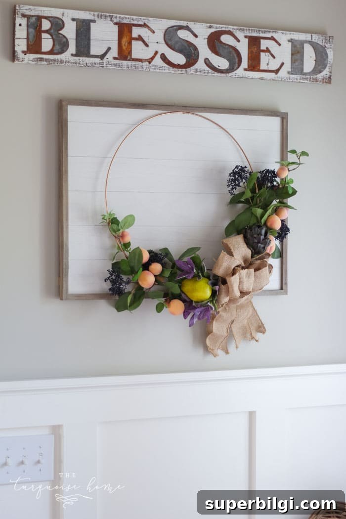Autumn Hoop Wreath with Fruit Accents and Shiplap Frame 3 Gorgeous fall wreath with fruit on a