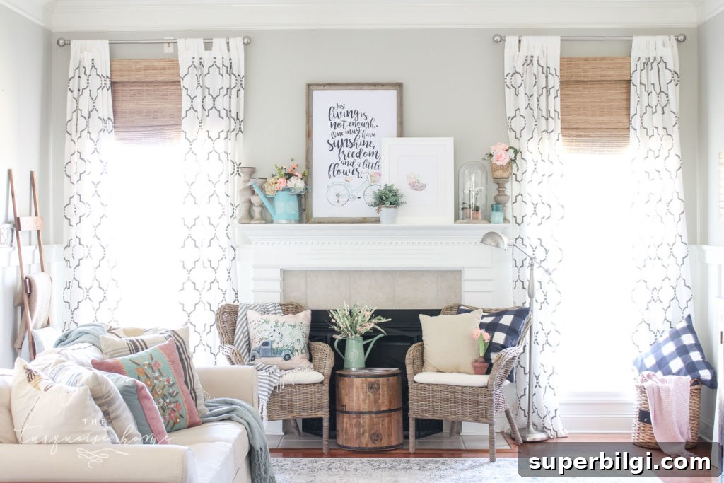 Stylish Budget Curtain Ideas to Transform Your Home 4 I'm loving all of the bright and light colors in this spring mantel!