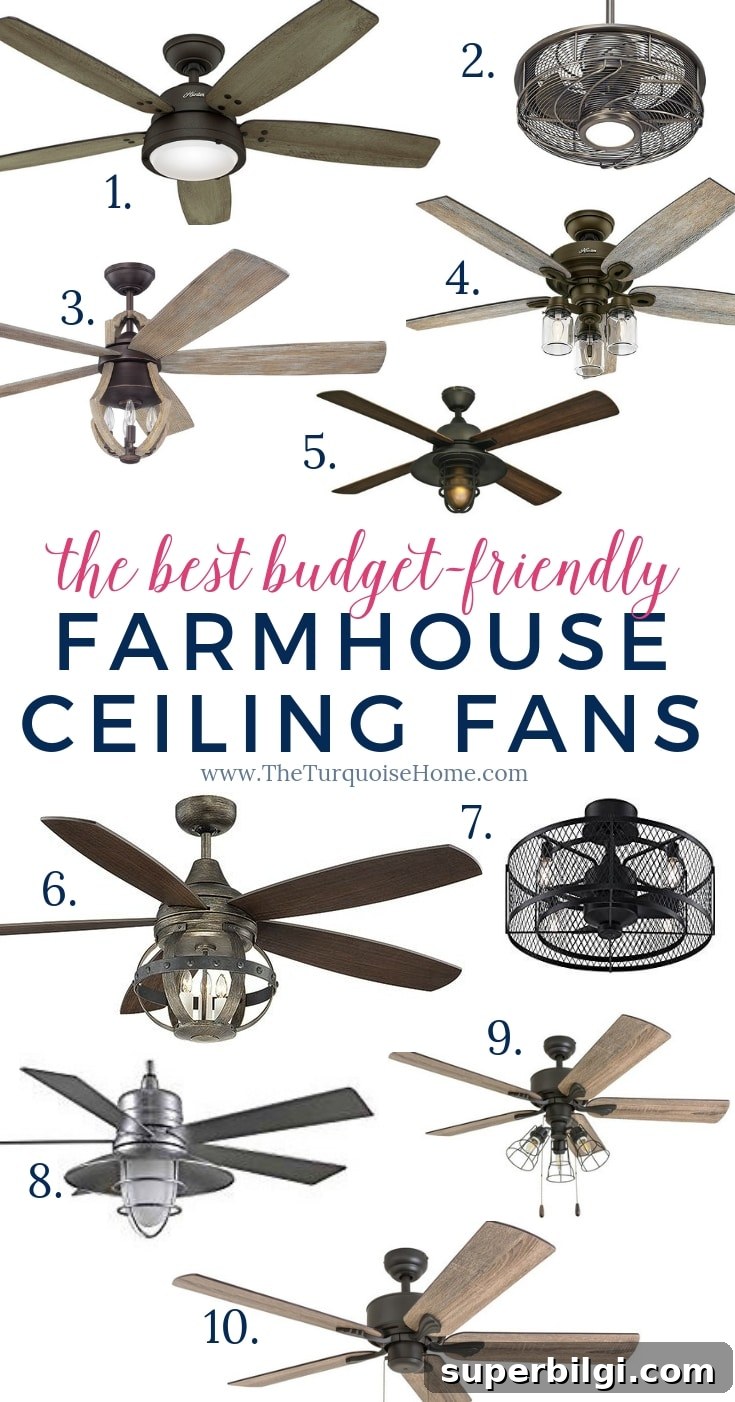 Farmhouse Ceiling Fans That Add Rustic Charm 8 The Best Budget-friendly Farmhouse Ceiling Fans that you will LOVE!! Thank goodness Joanna Gaines said it was OK we still use ceiling fans in our home. 😜 #farmhouseceilingfan #ceilingfan #farmhouse #joannagaines #theturquoisehome #diyhomedecor