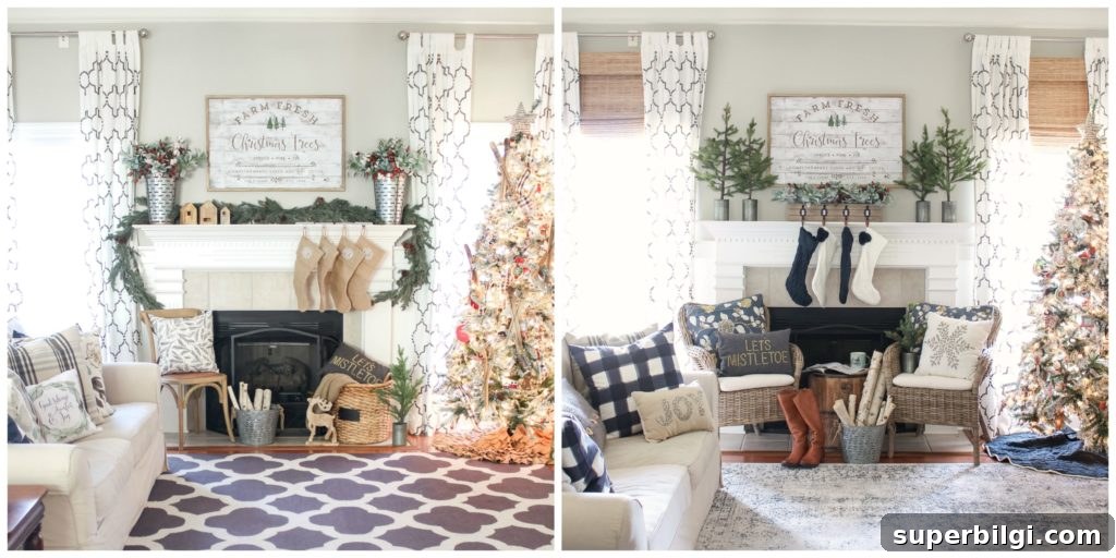 Green and Navy Christmas Mantel 2018 - Before and After
