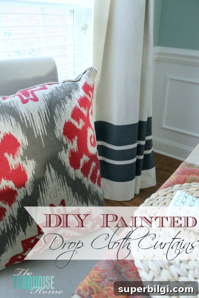 How to Turn Drop Cloths into Stylish Curtains 2 DIY Painted Drop Cloth Curtains | TheTurquoiseHome.com