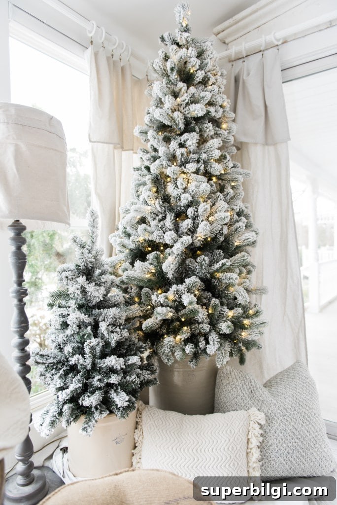 Stunning Flocked Christmas Tree Ideas for a Snowy Look 9 two simple flocked Christmas trees in crocks.