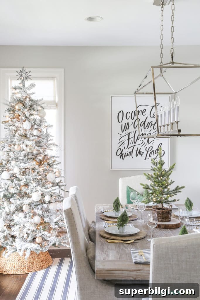 Stunning Flocked Christmas Tree Ideas for a Snowy Look 10 flocked Christmas tree with woven tree collar in a dining room.