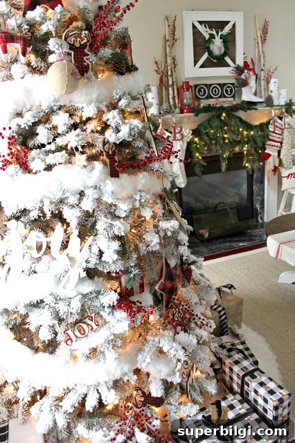 Stunning Flocked Christmas Tree Ideas for a Snowy Look 14 rustic farmhouse flocked Christmas tree with a farmhouse mantel over a fireplace in the living room.