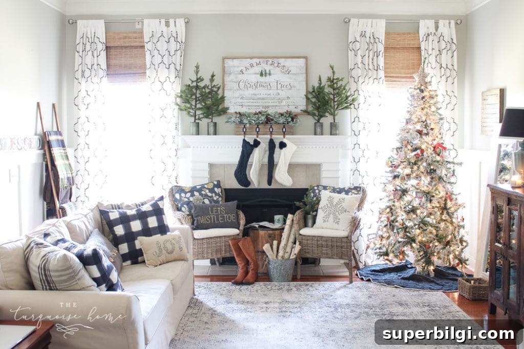 Stunning Flocked Christmas Tree Ideas for a Snowy Look 15 Farmhouse-style living room with flocked Christmas tree.