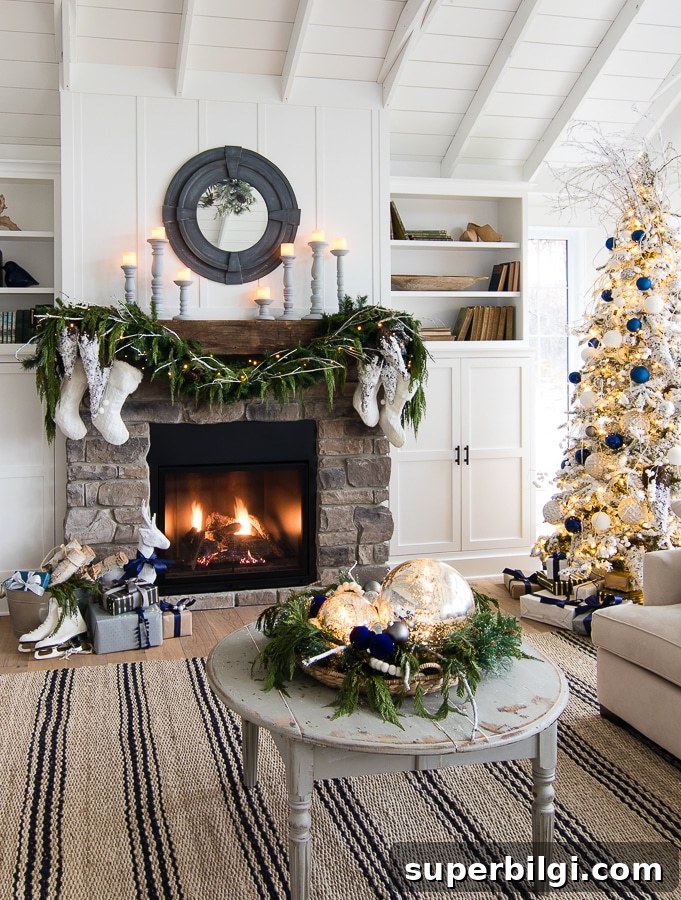 Stunning Flocked Christmas Tree Ideas for a Snowy Look 3 Navy & White Flocked Christmas Tree at The Lilypad Cottage