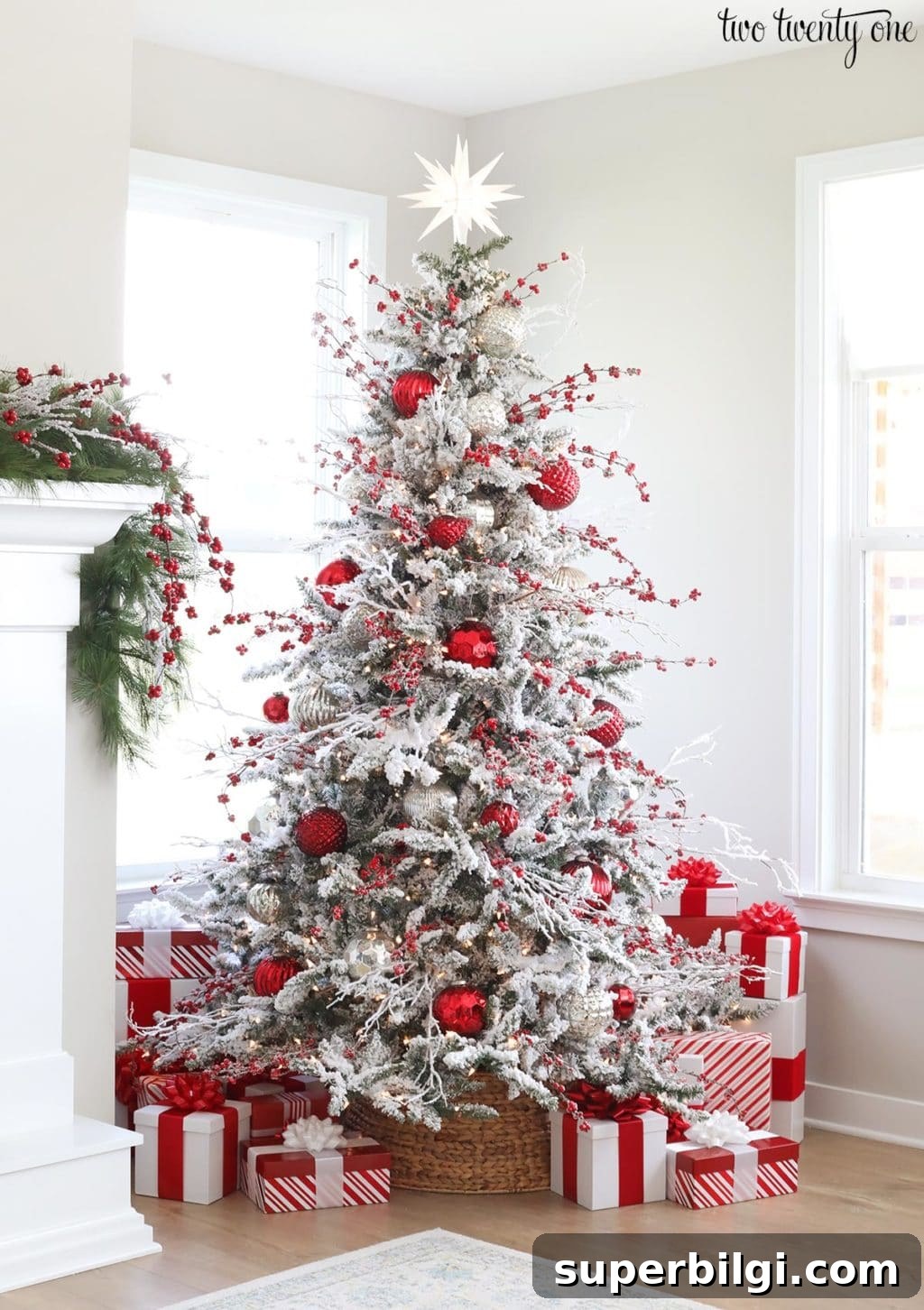 Stunning Flocked Christmas Tree Ideas for a Snowy Look 6 Red and White Flocked Christmas Tree from Two Twenty One