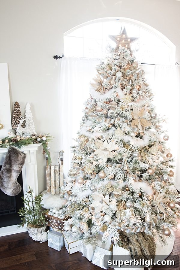 Stunning Flocked Christmas Tree Ideas for a Snowy Look 8 flocked Christmas tree with gold and silver ornaments.