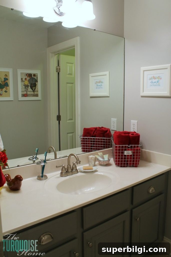 Girls' Bathroom Refresh: Design Plans and Mood Board 2 Traditional-Americana Guest Bathroom Update: painted walls, cabinets, new hardware and a punch of color!
