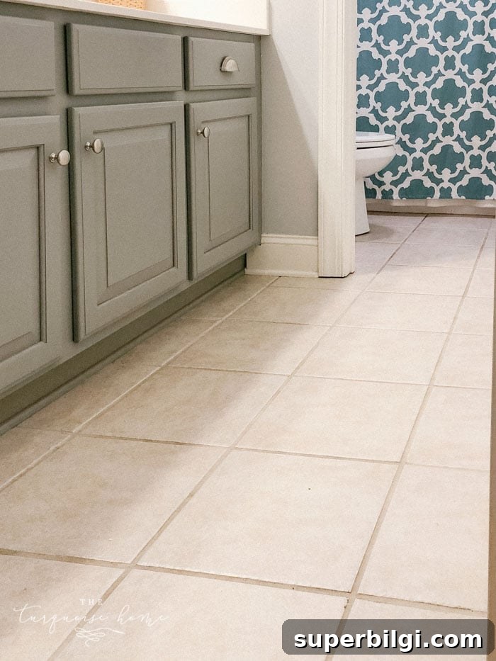 Peel and Stick Floor Tile Ideas for Kitchen, Bath & Living Room 2 The girls' bathroom tile before peel & stick floor tiles.