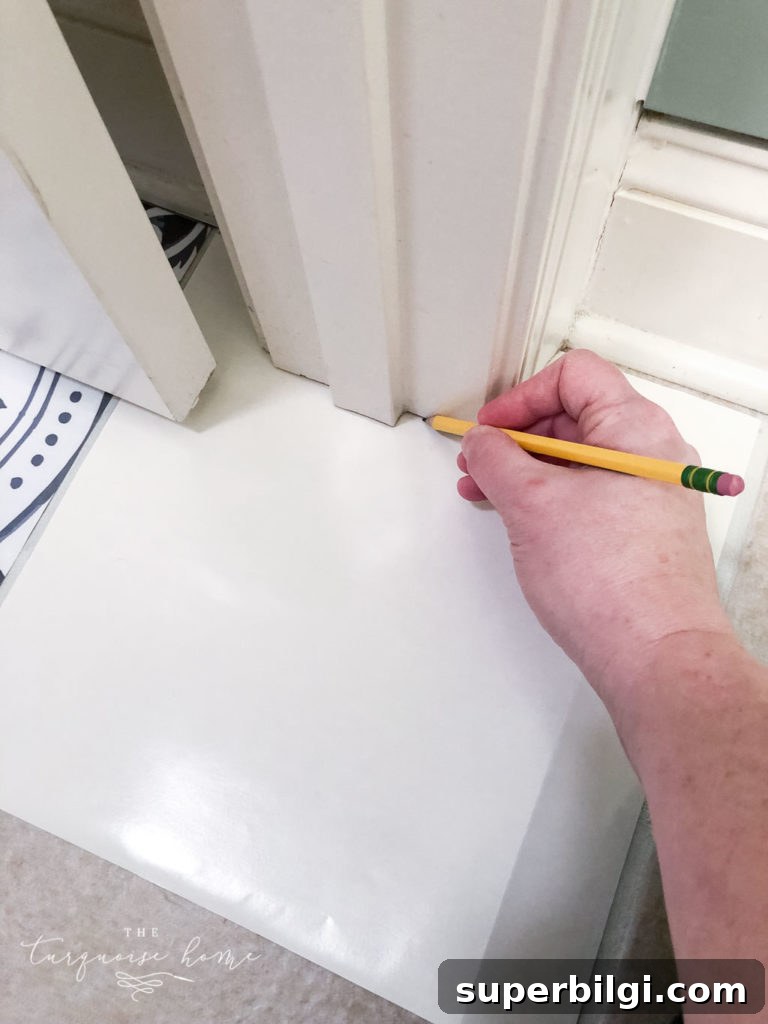 DIY Peel and Stick Vinyl Tile Flooring --> use an old backing to trace the odd angles