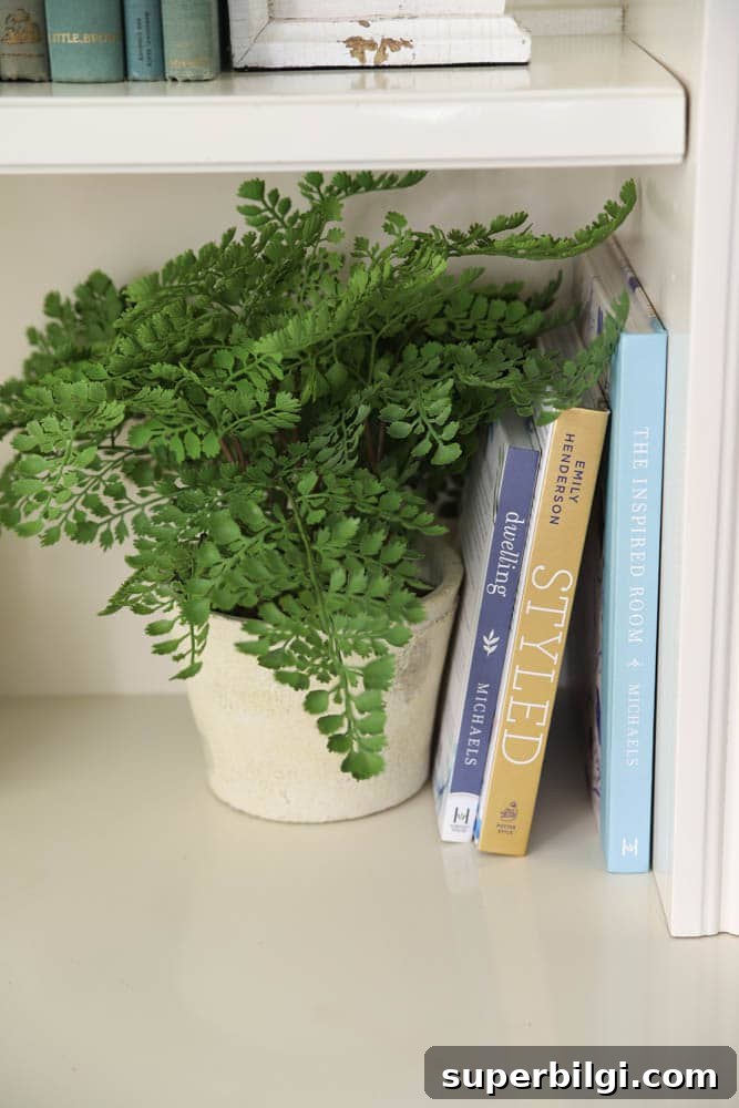 Bookshelf Styling Ideas to Transform Your Bookcase 12 summer bookshelves with a faux fern plant.