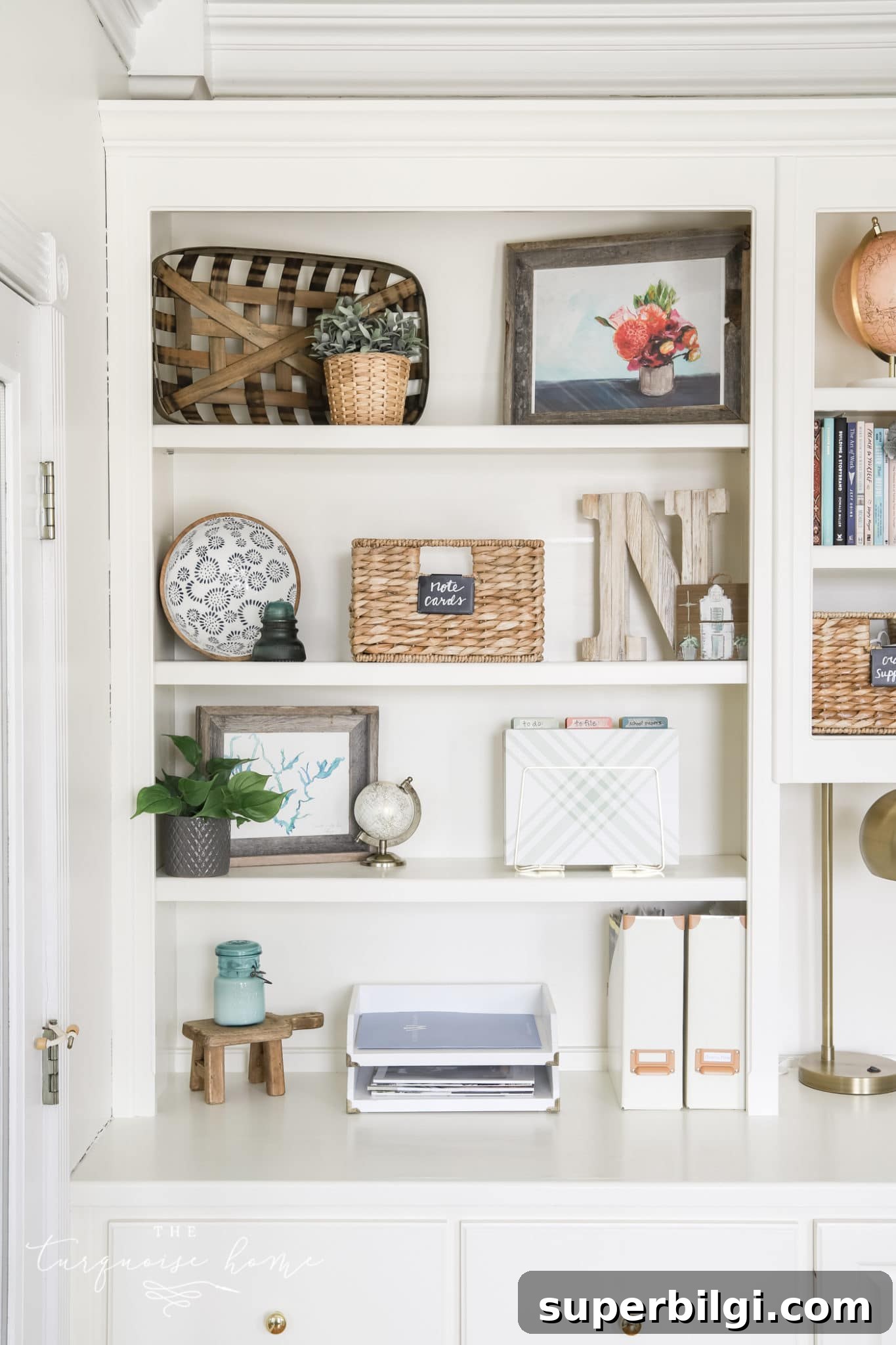 Bookshelf Styling Ideas to Transform Your Bookcase 13 white bookshelves with greenery, books, boxes and art.