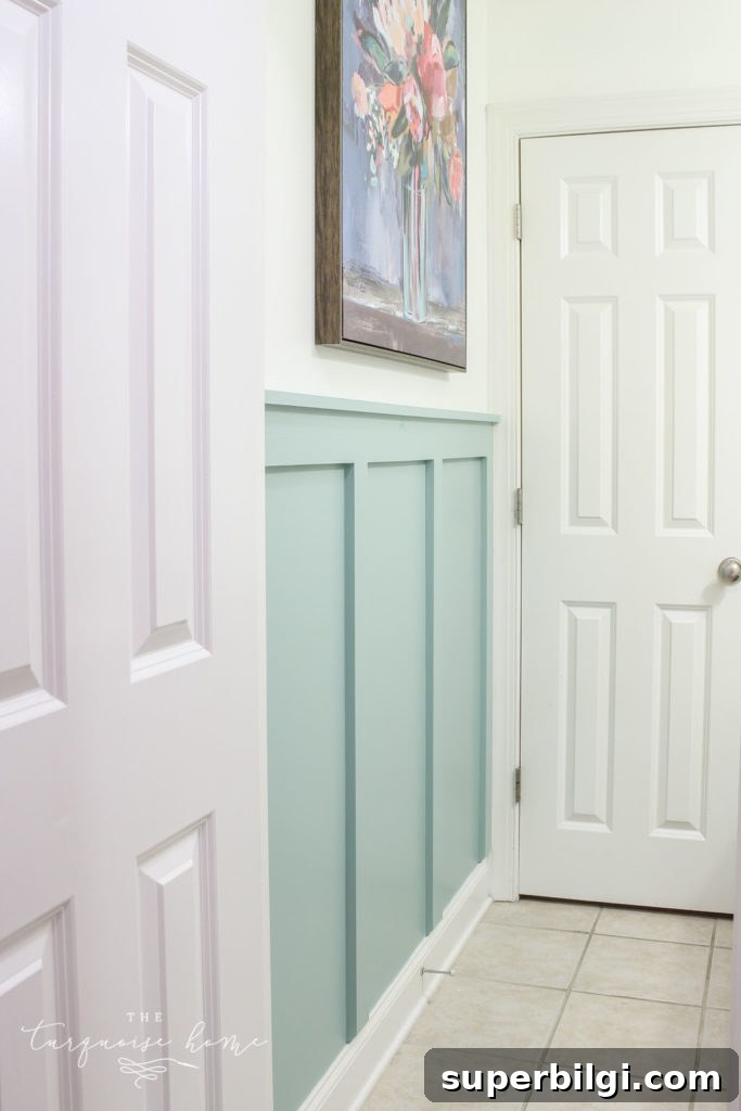 How to Install Board and Batten in a Girls' Bathroom 3 DIY Board and Batten Tutorial -- Wythe Blue from Benjamin Moore