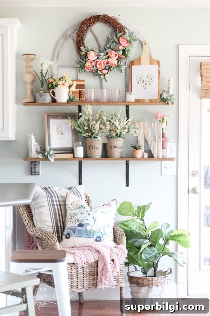 Flower Shop-Inspired Spring Home Tour and Decor Ideas 11 Gorgeous florals on open kitchen shelves... love this look for spring!