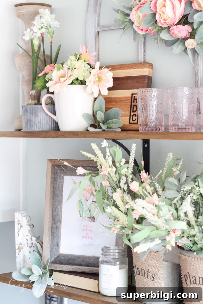 Flower Shop-Inspired Spring Home Tour and Decor Ideas 16 All the pretty flowers in the open kitchen shelves - remind me that spring is coming soon!