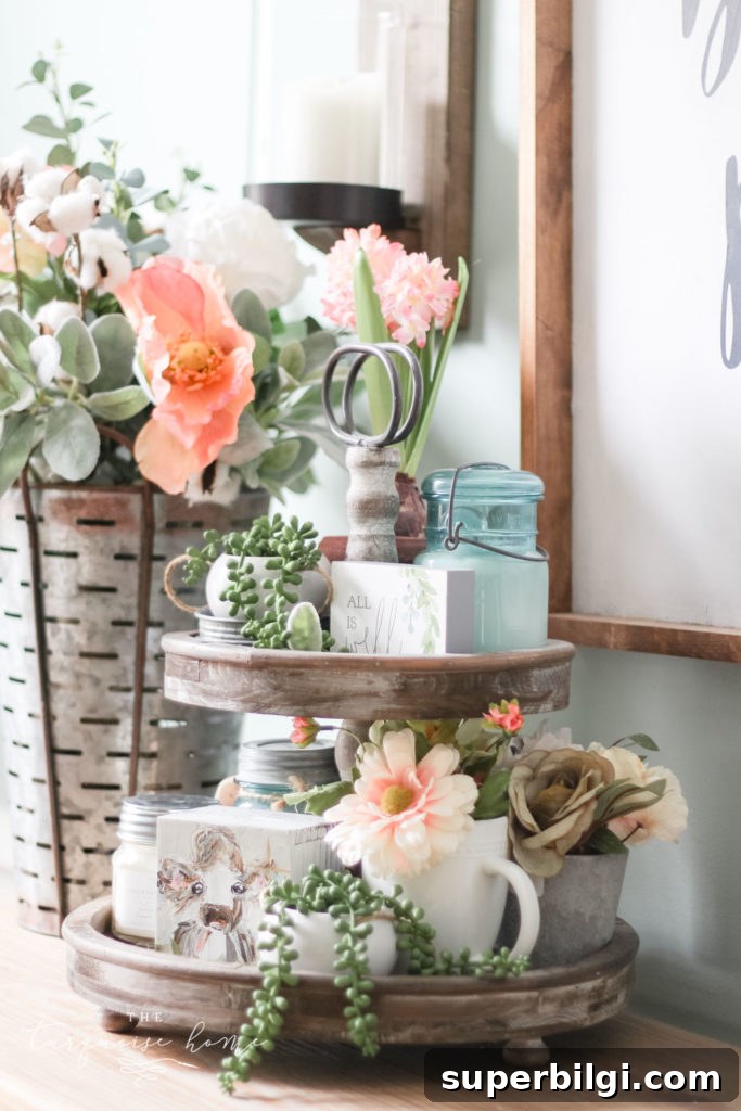 Flower Shop-Inspired Spring Home Tour and Decor Ideas 4 Floral Spring Home Tour with fun tiered tray all decorated for spring!